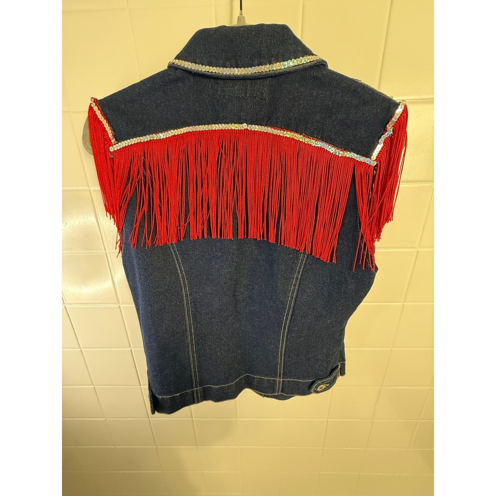 D'Mode Classix Women Blue Denim Vest Red Fringe Sequin Western Cowgirl Large - Picture 6 of 6